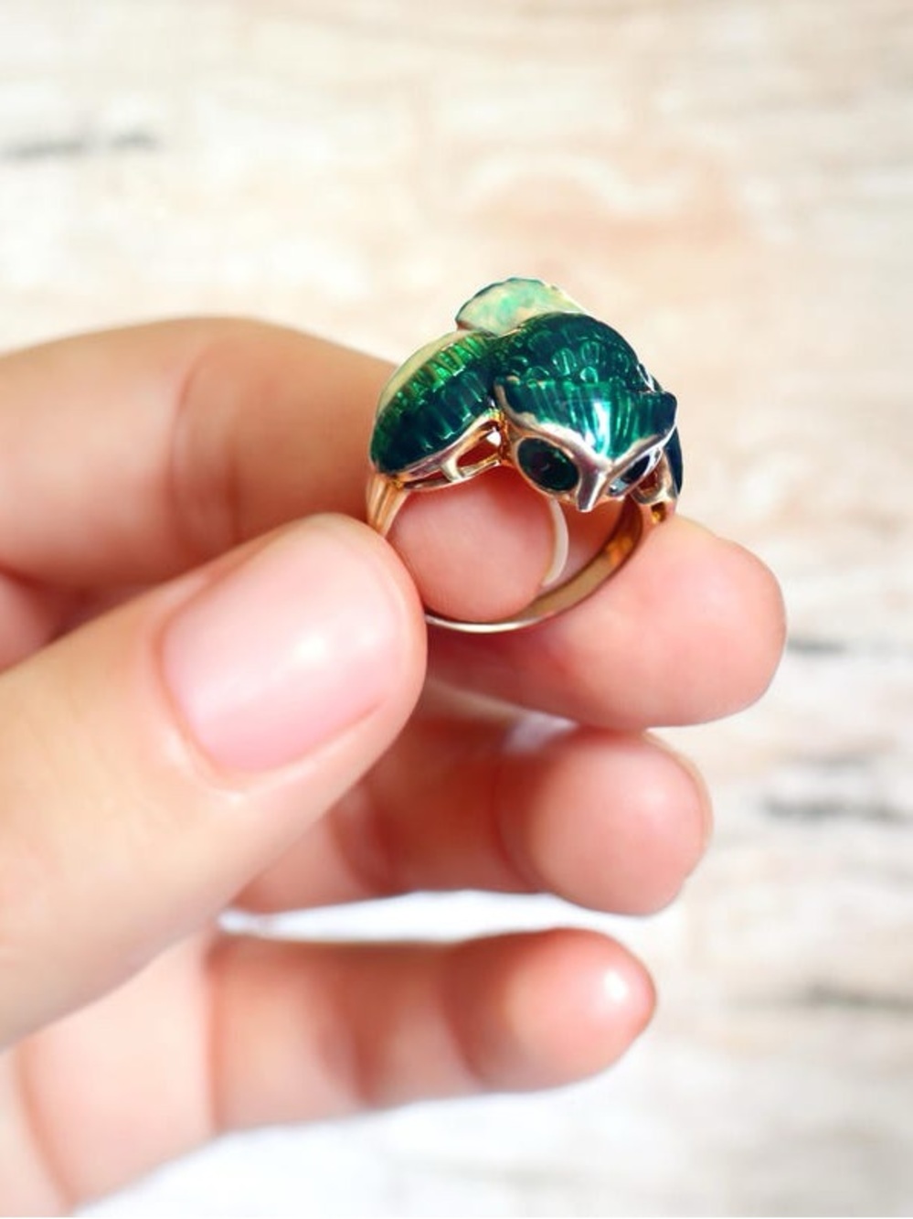 Vintage Owl Ring: Hand Painted Enamel, Gold Plated Sterling Silver